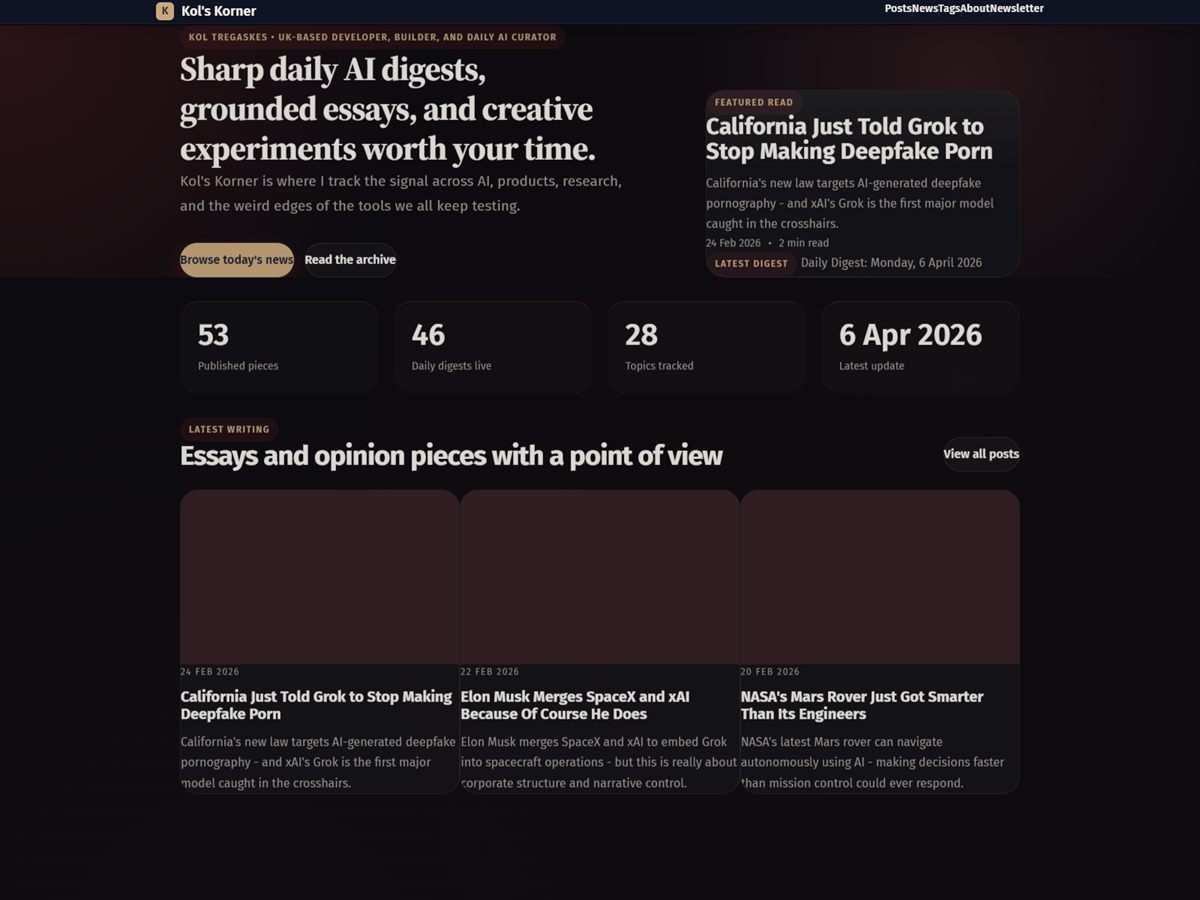 Kols Korner homepage showing essays and daily AI digests.