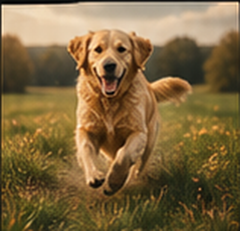 A Golden Retriever running through grass.