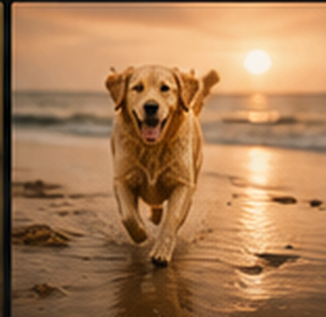 A Golden Retriever running along a beach at sunset.