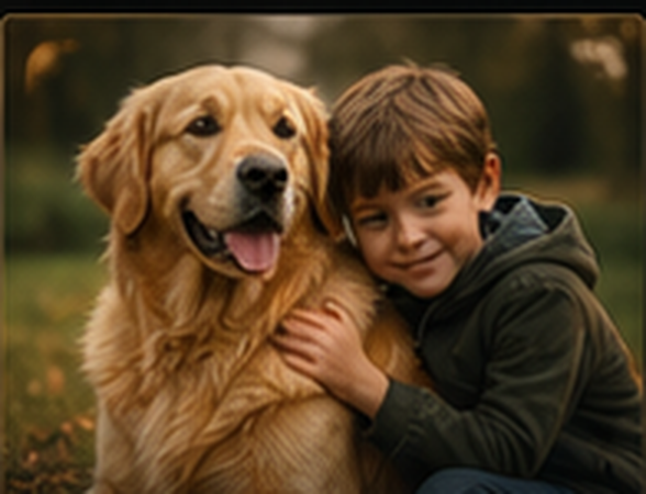 A Golden Retriever sitting with a child.