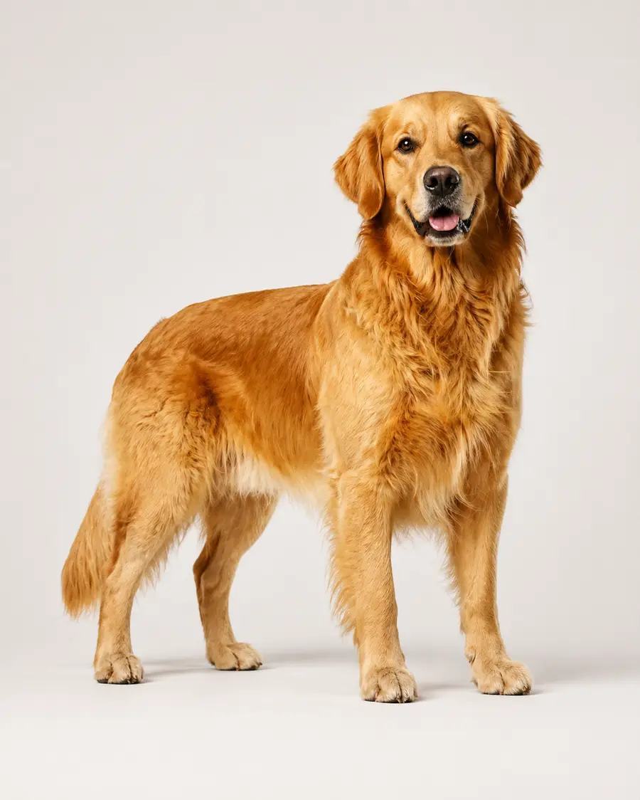 A full-body Golden Retriever on a light studio background.