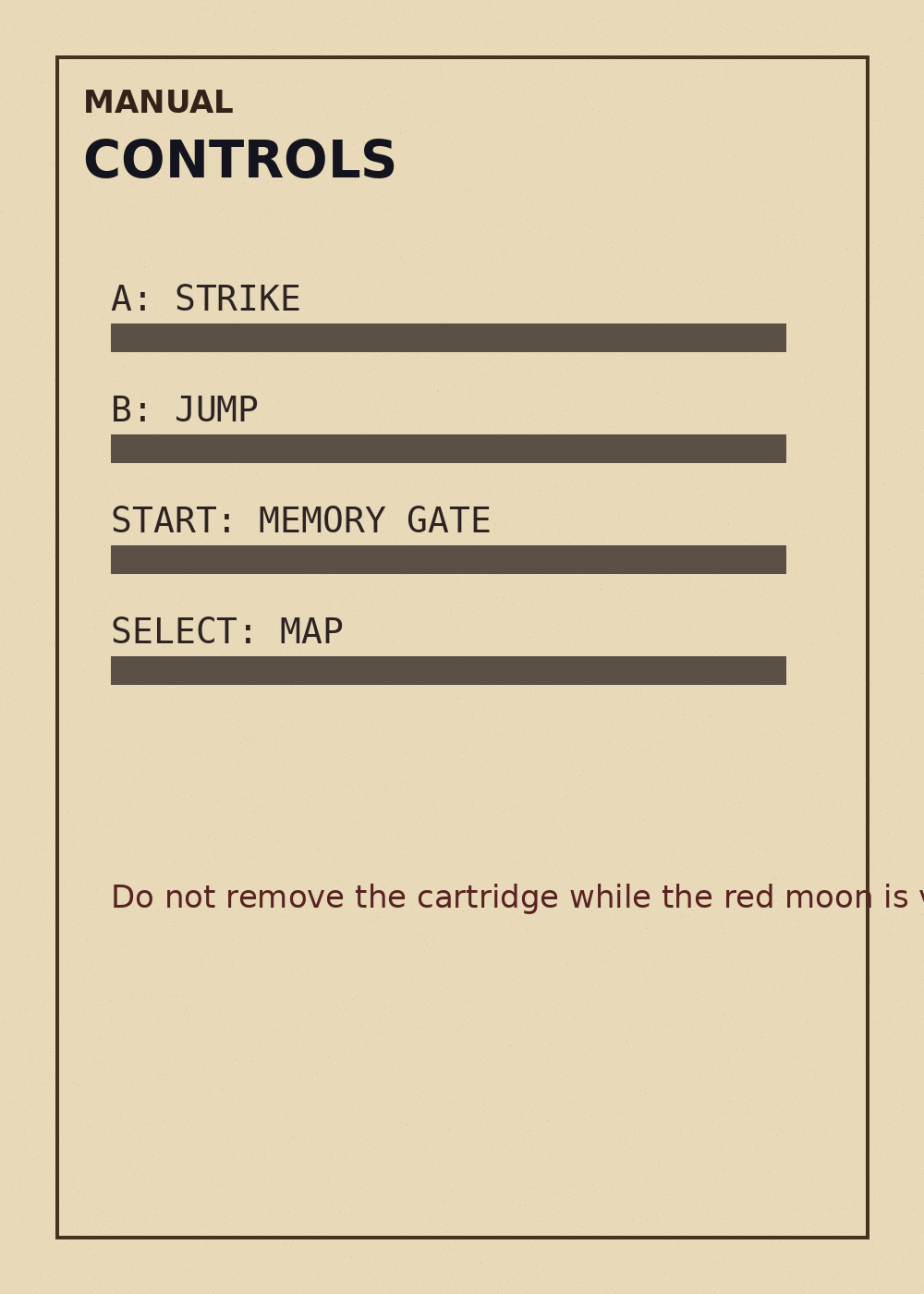 A fictional manual page from the lost game showing controls and archival notes.