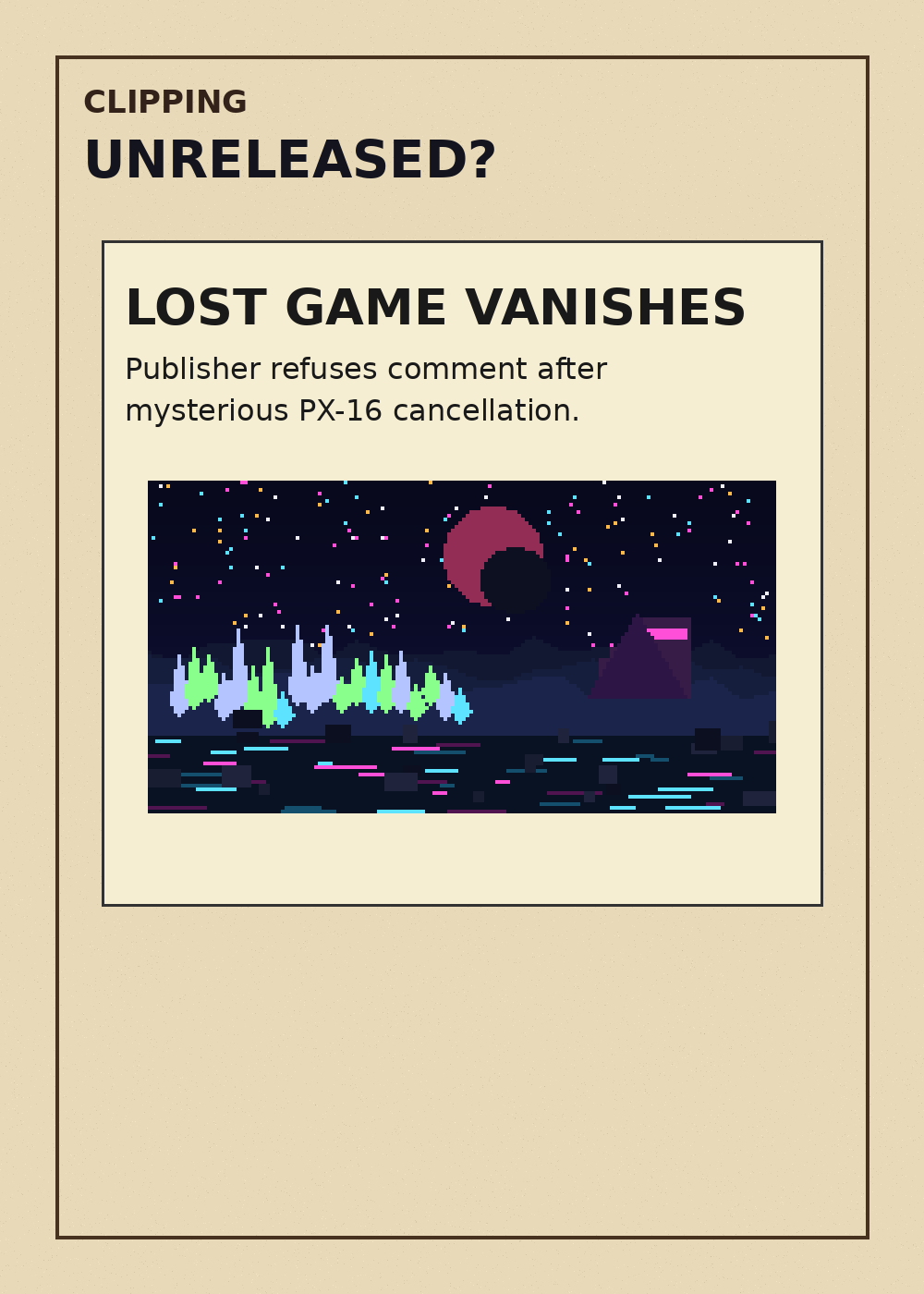 A fictional magazine clipping about the unreleased game.