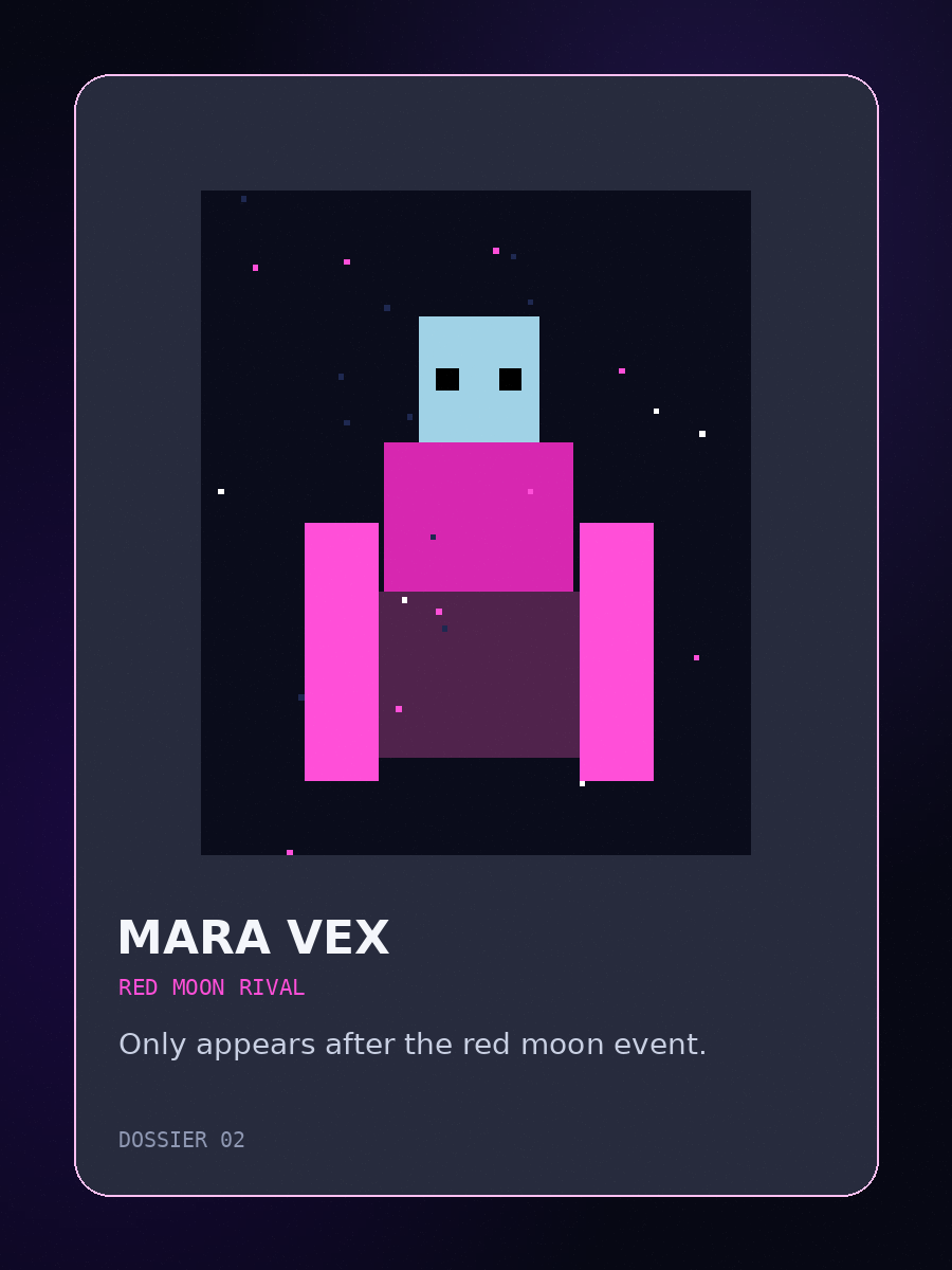 Pixel-art portrait of Mara Vex, the Red Moon Rival.