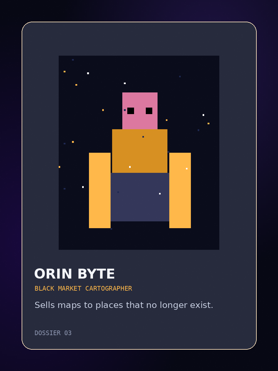 Pixel-art portrait of Orin Byte, the black market cartographer.