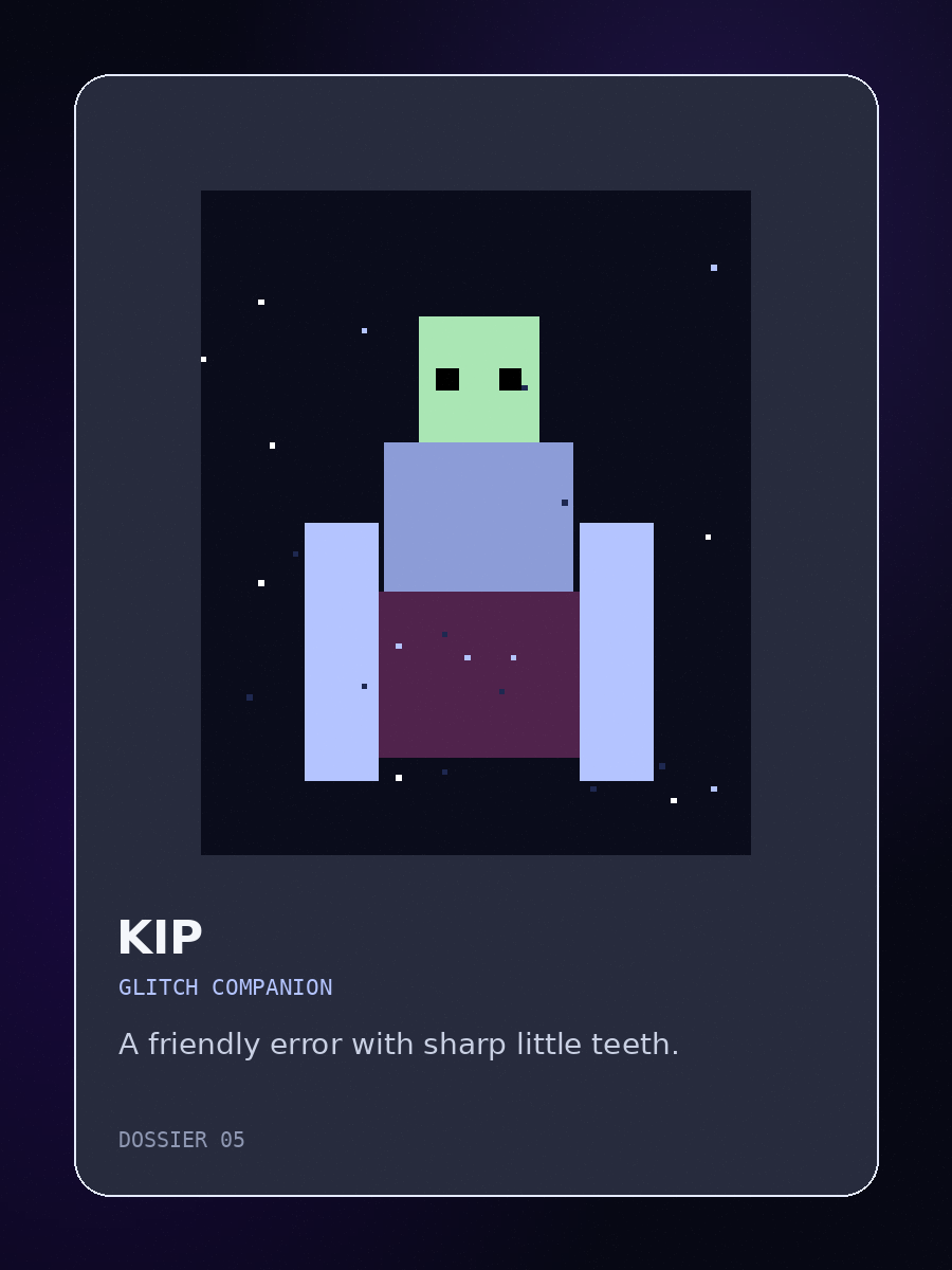 Pixel-art portrait of Kip, the glitch companion.