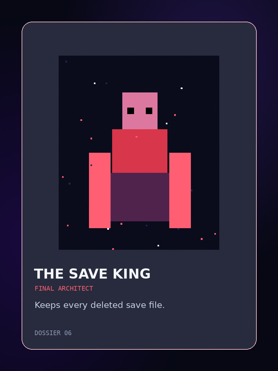 Pixel-art portrait of The Save King, the final architect.
