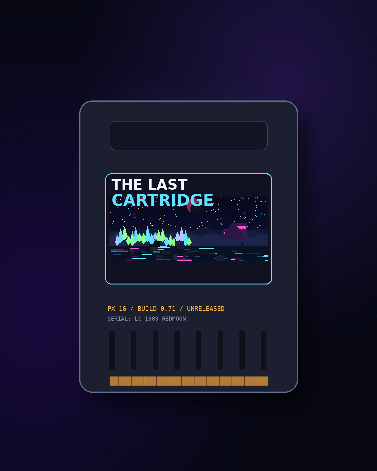 A fictional retro game cartridge displayed as a recovered artefact against a dark atmospheric background.