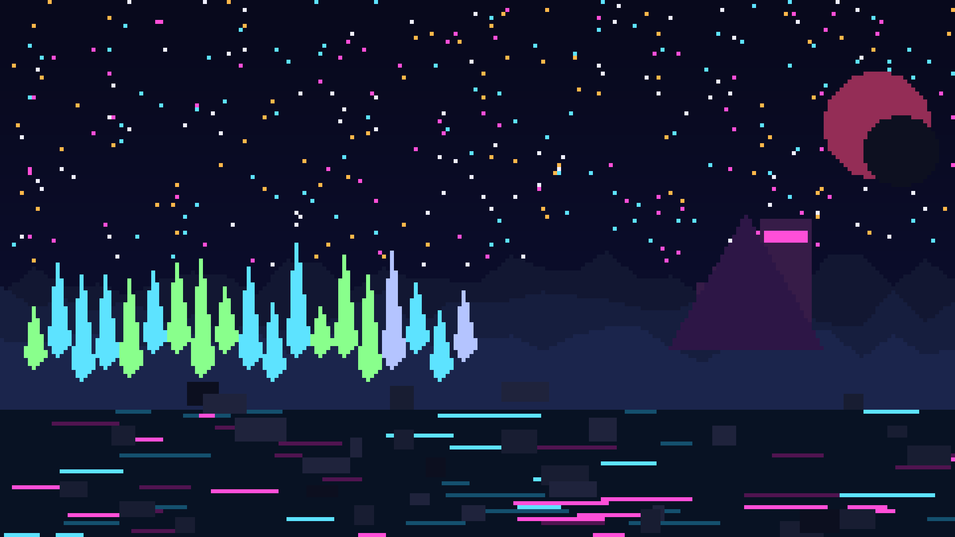 A wide pixel-art landscape showing a red moon citadel, crystalline forest and distant ruins.