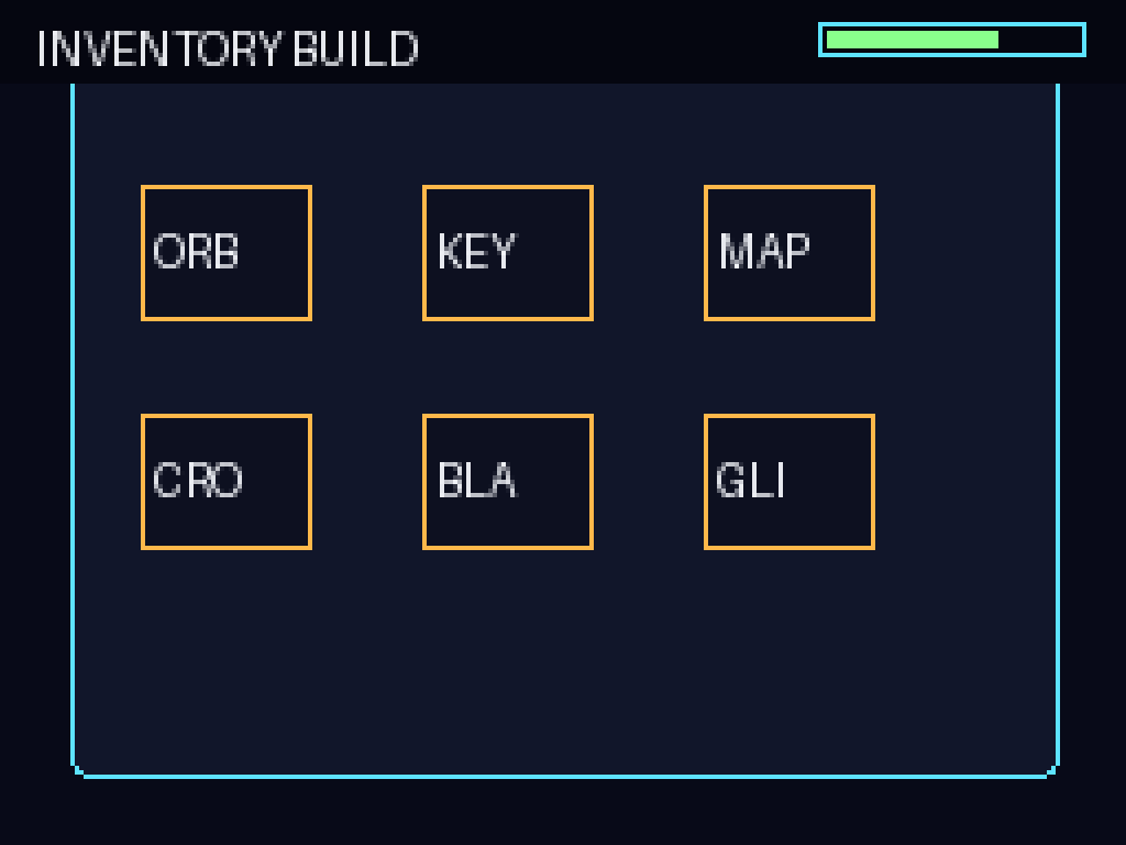 Recovered 16-bit inventory screen with strange artefacts and system notes.
