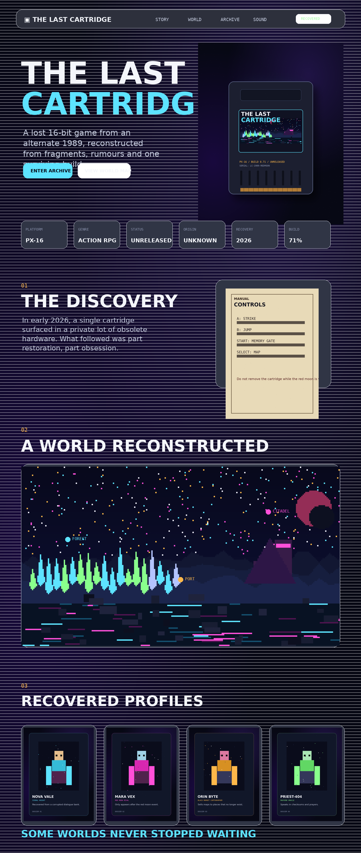 The Last Cartridge dark retro-futurist website preview.